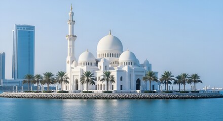 Obraz premium White mosque on island with palm trees