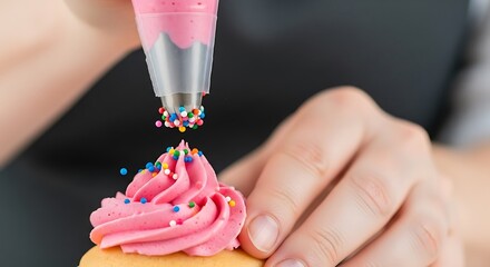 Adding colorful sprinkles to a freshly frosted cupcake, creating a visual delight of confectionery art and culinary