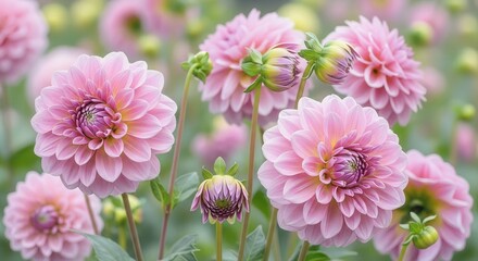 Fototapeta premium Soft Pink Dahlias Blooming in a Vibrant Floral Garden Scene