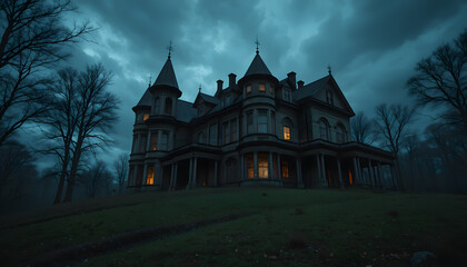 The Enigmatic Estate: A grand, gothic-style mansion stands silhouetted against a brooding twilight sky, hinting at the untold tales and secrets held within its ancient walls.