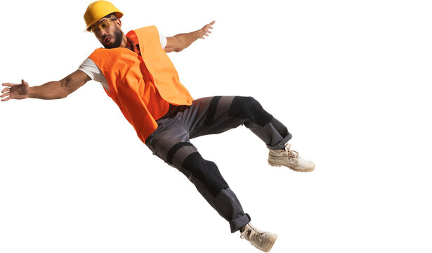 Construction worker falling backward in safety vest showing accident danger. Concept of workplace safety, risk awareness, caution for industrial training and prevention visuals. Transparent background