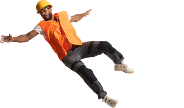 Construction worker falling backward in safety vest showing accident danger. Concept of workplace safety, risk awareness, caution for industrial training and prevention visuals. Transparent background - Powered by Adobe