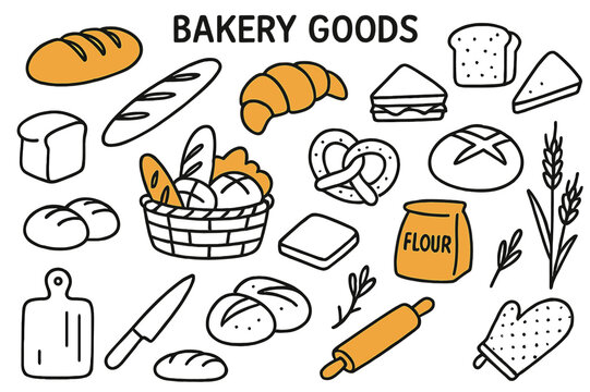 Charming Bakery Delights. Bakery Goods. Hand-drawn doodle illustration bakery goods bread loaf (accented), baguette, croissant (accented), slice of bread,