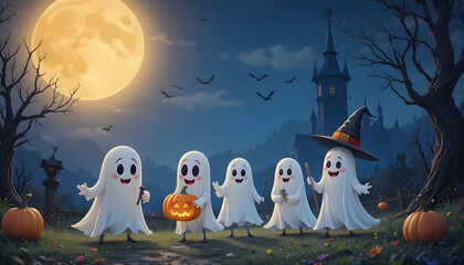 Spirited Gathering: Playful ghosts frolic in a moonlit Halloween scene, with whimsical pumpkins, an imposing castle, and a sense of spooky joy.