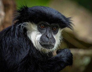 Close-up of a black and white primate with thoughtful expression