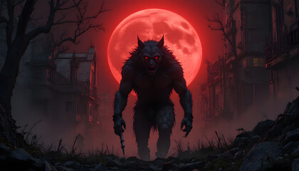 Werewolf's Crimson Ascent: A solitary werewolf emerges under a blood-red moon, embodying the primal dread and mystique of folklore. Evoking a sense of ominous mystery