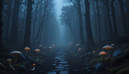 Mystical Forest Path: A mystical forest path invites exploration, illuminated by ethereal mushrooms, creating a serene and enchanting scene.