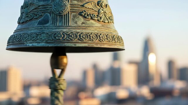 Ornate bronze bell with weathered patina and angel figures, against a soft city skyline