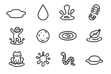 Mud Puddle Icons. Mud puddle. Line icon set of Mud puddle: muddy water, rain drop, splash, boot print, child jumping, mud ball, puddle reflection, leaf
