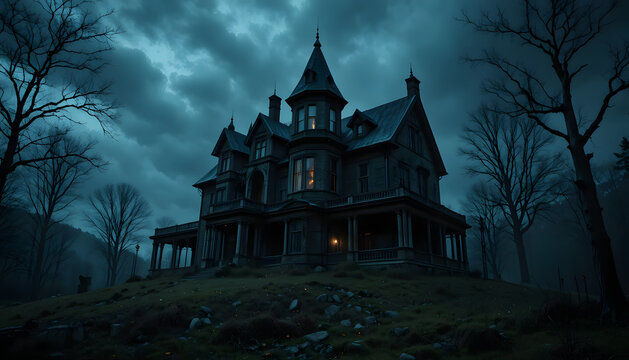 The Haunted Manor: A chilling gothic mansion stands silhouetted against a stormy twilight sky, its foreboding presence dominating the landscape. Explore the enigmatic aura of this eerie residence.