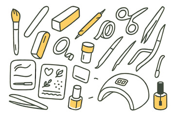 Colorful Nail Art Tools. Nail art tools. Hand-drawn doodle illustration manicure tools nail brush accented, nail file, buffer block, dotting tool accented,