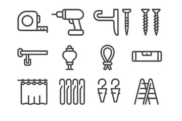 Curtain Installation Icons. Curtain installation. Line icon set of Curtain installation: measuring tape, drill, bracket, screws, curtain rod, finial, tieback,