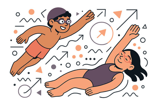 Children's Swimming Skills. Confident swimmers. Glowing children learning freestyle and backstroke, abstract floating bubbles and geometric lines emphasizing