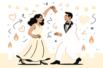 Romantic Evening Wedding. Evening wedding ambiance. Glowing candles and hanging lights casting warm light on a couple, abstract floating hearts and geometric