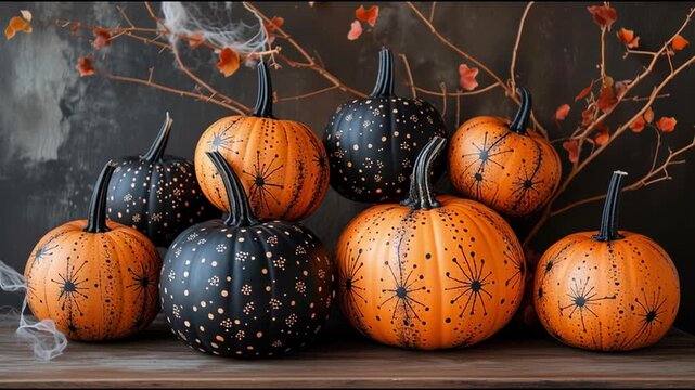 Colorful painted pumpkins displayed with autumn decorations in a cozy indoor setting