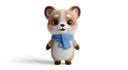 Adorable 3D illustration of a cartoon/mascot-style puppy (likely Corgi or small dog breed) with fluffy brown and white fur. The cute animal stands upright with a big smile and blushed cheeks, wearing 