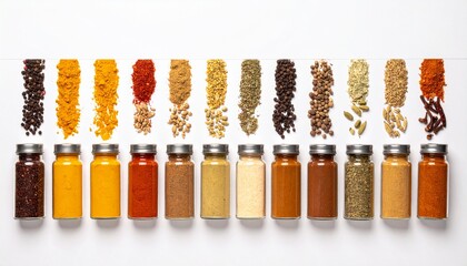 Set of spices in jars on a white background. A long banner of a variety of Indian 