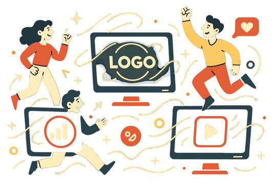 Dynamic Branding Screens. Channel identity design. Glowing TV screens displaying animated logos with abstract floating light trails emphasizing branding,