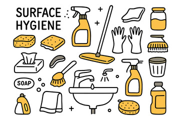 Surface Hygiene Essentials. Surface Hygiene. Hand-drawn doodle illustration surface hygiene disinfectant spray (accented), cloth, sponge (accented), mop,
