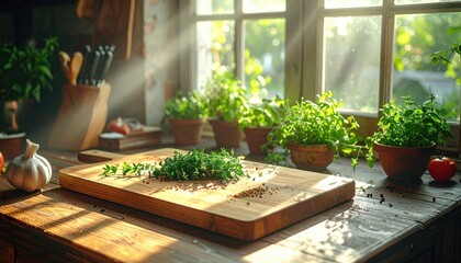 Sunlight Streams Through a Rustic Kitchen Window Illuminating Fresh Herbs on a Wooden Cutting Board Detailed Close Up Natural Lighting Creates a Warm Inviting Atmosphere Filled With Life