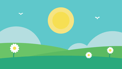 Bright sunny day with rolling green hills and daisy flowers