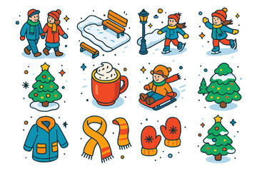 Fototapeta premium Winter Wonderland Icons. Holiday stroll. Colorful isometric vector icons set of holiday stroll: people walking, snow-covered path, park benches, lampposts, ice