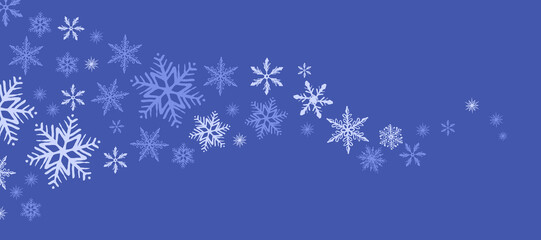 Vector cartoon illustration of a flowing wave made of snowflakes on a deep blue background. Background for elegant winter, holiday and Christmas themed designs or festive greeting card
