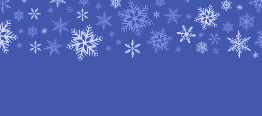 Vector cartoon illustration of a horizontal banner featuring frosty ice crystals and snowflakes. Background for winter holidays, seasonal greetings, and Christmas marketing materials