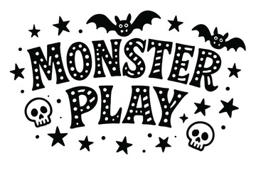 Fototapeta premium Monster Play Typography. Monster Play ? Decorative Display Lettering, playful stylized letters with dots and stripes inside, curved word-shape, framed with