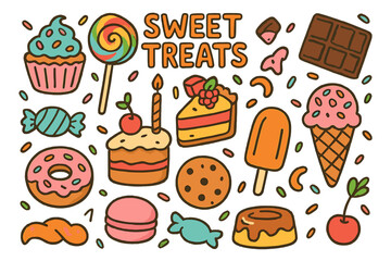 Sweet Treats Doodle. Sweet Treats. Colorful Hand-drawn doodle Children illustration Cupcake, lollipop, chocolate bar, donut, ice cream cone, candy, cake slice,