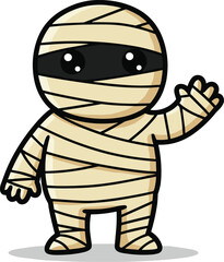 Cute mummy character wrapped in bandages waving hello in adorable cartoon style perfect for Halloween celebration designs and festive greeting cards