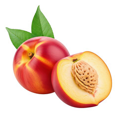 Ripe Nectarine Fruit Whole and Halved with Green Leaves on Background image