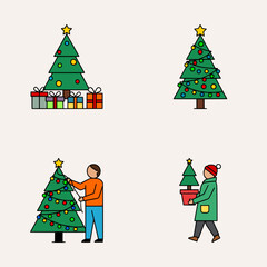 Flat Christmas illustration showing people decorating trees and carrying gifts in cheerful holiday winter season style