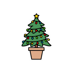 Christmas tree with colorful lights and yellow star in brown pot on clean white background in flat design