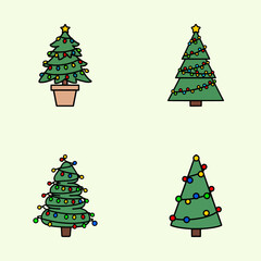 Cute cartoon Christmas trees decorated with colorful lights and stars in minimalist flat style on soft green background