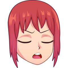 Pixel Art Portrait of Anime Girl With Pink Hair Eyes Closed Mouth Open Expressing Dissatisfaction With Detailed Facial Features and Shading Against a Transparent Background