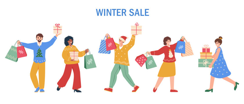 Christmas Winter Sale. Set of people with gifts and shopping bags. Men and women buying at discount on sale. Flat characters vector illustration isolated on white background. - Powered by Adobe