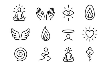 Obraz premium Higher Self Icon Set. Higher self. Line icon set of Higher self: meditating figure, aura glow, open hands, third eye, ascending light, angel wings, divine