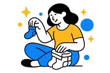 Naklejka premium Folding Tiny Socks. Tiny socks. A character folding a pile of little baby socks while sparkles and abstract round shapes float in the background, symbolizing