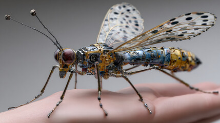 Hyperrealistic concept of a small robotic insect resting on a human hand representing advanced biotechnology artificial intelligence robotics and the intersection of nature and technology