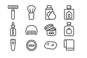Men's Grooming Icons. Men?s grooming products. Line icon set of Men?s grooming products: shaving razor, shaving brush, shaving foam can, aftershave bottle,