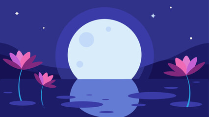 Serene night scene with full moon and lotus flowers reflected in water