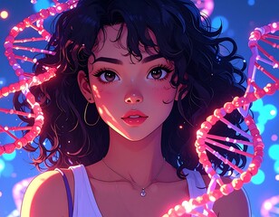 Beautiful young woman surrounded by glowing DNA strands