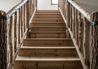 Inviting wooden staircase with rustic log railings, upward view, warm tones