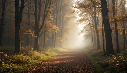 Obraz premium Autumn forest, misty road, golden trees, fall landscape, nature scenery