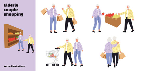Elderly couple shopping in supermarket. Senior man and woman buying groceries, walking with bags and cart. Flat vector illustration