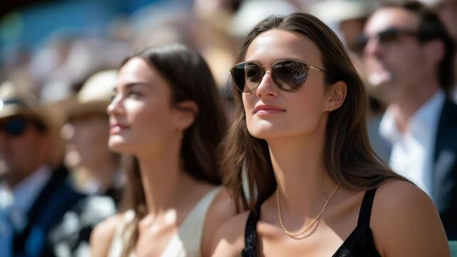 Elegant Wimbledon audience in formal summer attire watching intense match, emotion of admiration and suspense visible, representing luxury sports culture, tradition, and social prestige. cinematic