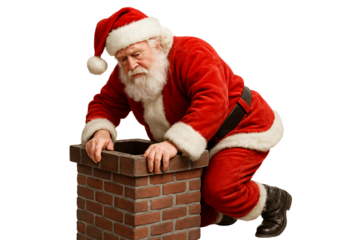 Santa Claus climbing into chimney with sack. Christmas classic.