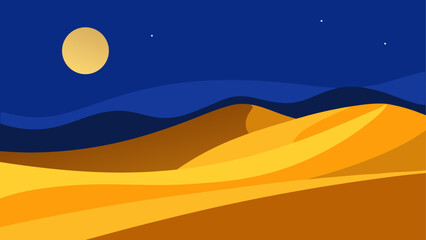 Stylized desert dunes under a starry night sky with a full moon