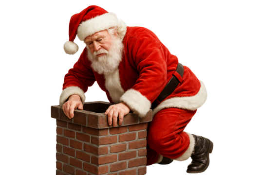 Santa Claus climbing into chimney with sack. Christmas classic.